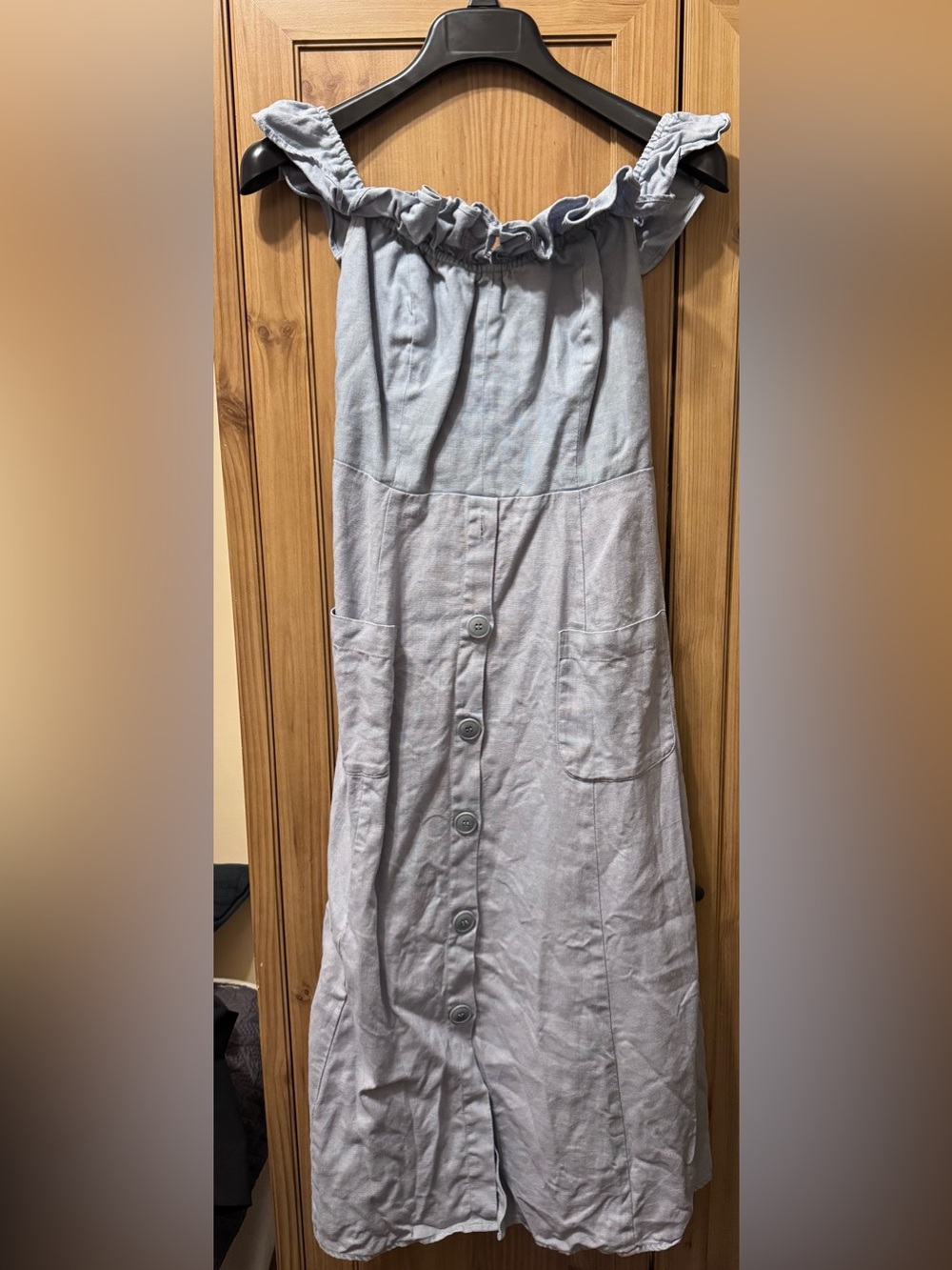Reformation Hattie Blue Ruffle off shoulder Linen A-Line Blue midi Dress size 6 - Picture 4 of 8